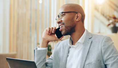 Office, laptop and black man with phone call for business, communication and schedule for meeting. Career, male person and consultant with mobile for conversation, networking and digital appointment
