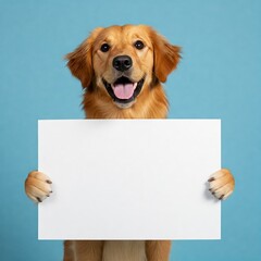 Cute golden retriever dog holding a blank paper
