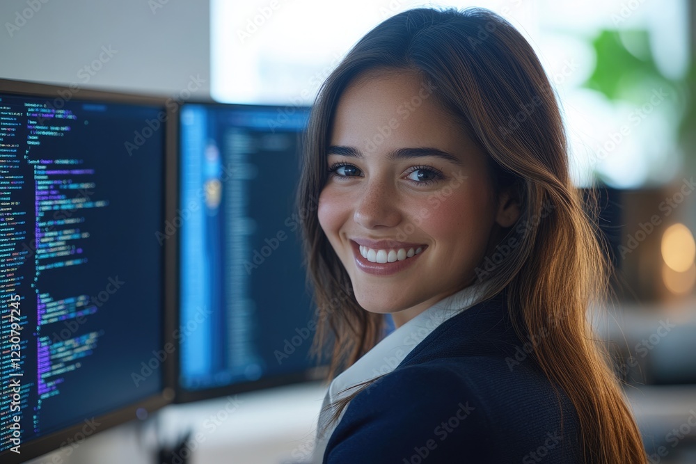 Poster smiling female software developer looks over her shoulder while working on code on dual monitors.