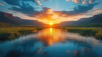 Obraz premium Breathtaking sunset over a calm lake surrounded by mountains and grassy meadows