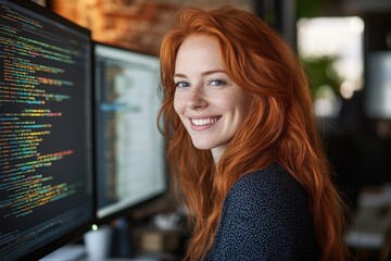 A smiling redhead woman, possibly a programmer, sits before computer screens displaying code.