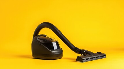 A modern vacuum cleaner resting on a vibrant yellow background.