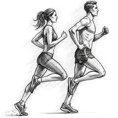 Fototapeta premium Running man and woman, isolated vector charcoal silhouettes. Run, side view. Charcoal sketches of athletic looking male and female runners running. Smooth JPEG version.