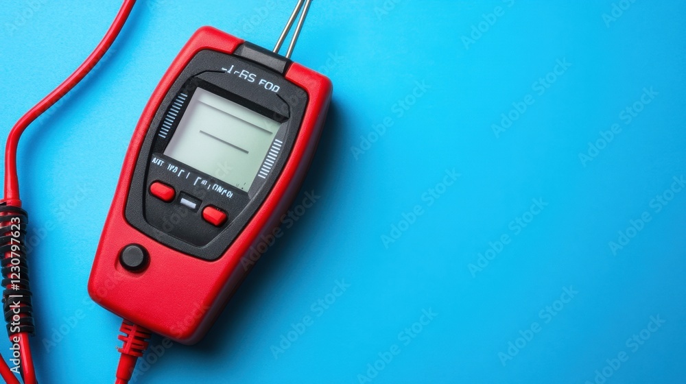 Poster a multimeter with ammeter function displaying ac current on a sky-blue background.