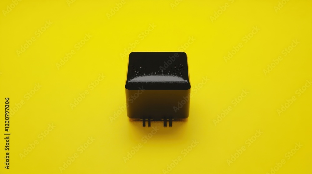 Poster a power mosfet transistor designed for switching applications on a bold yellow background.