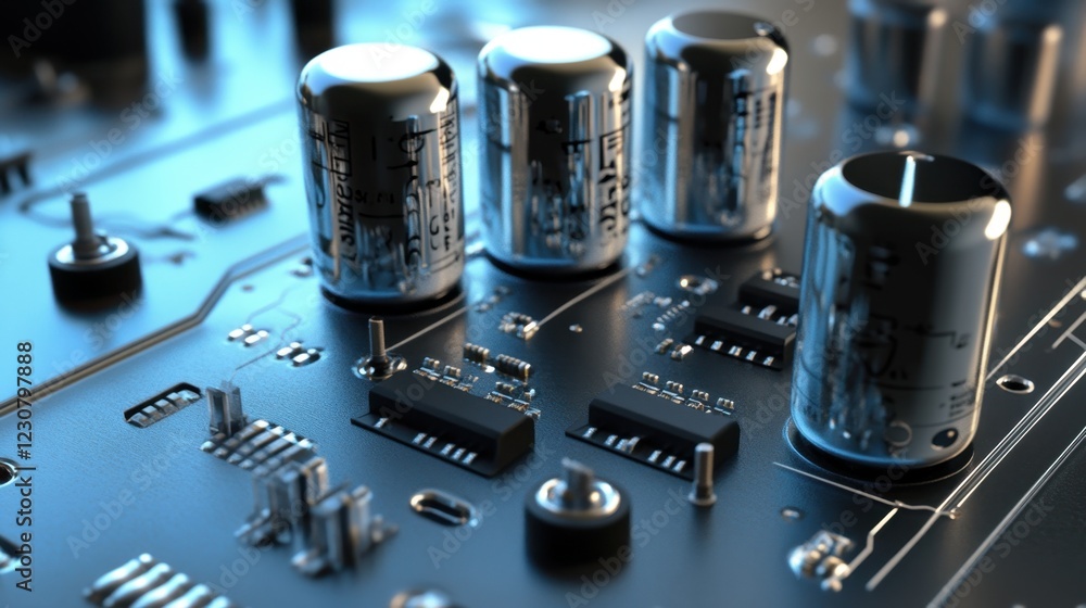 Poster a power transistor used in amplifiers, placed on a smooth metallic silver background.