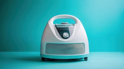 A powerful handheld cleaner for upholstery against a muted turquoise background.