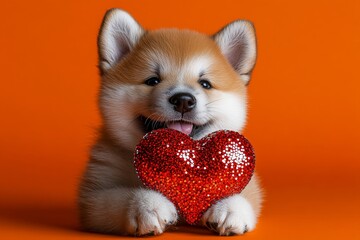 Cute akita pup with sparkling rhinestones red heart - emblem of love, funny greeting card. Akita - my preferred dog. Ad campaign idea art. Animal love valentine's photos. Valentine's dog ideas.