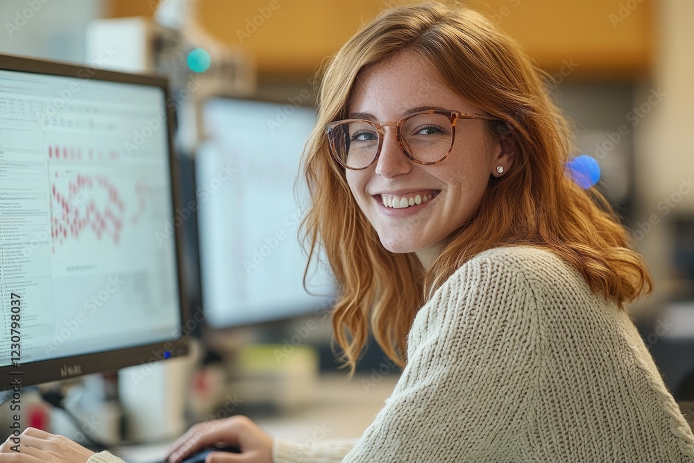 Poster a smiling redhead woman works on a computer, focusing on data analysis and charts.