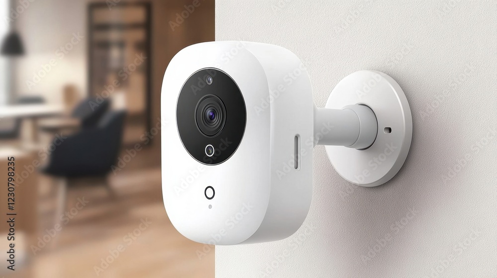 Poster a smart home security camera mounted on a wall, monitoring the surroundings with ai motion detection