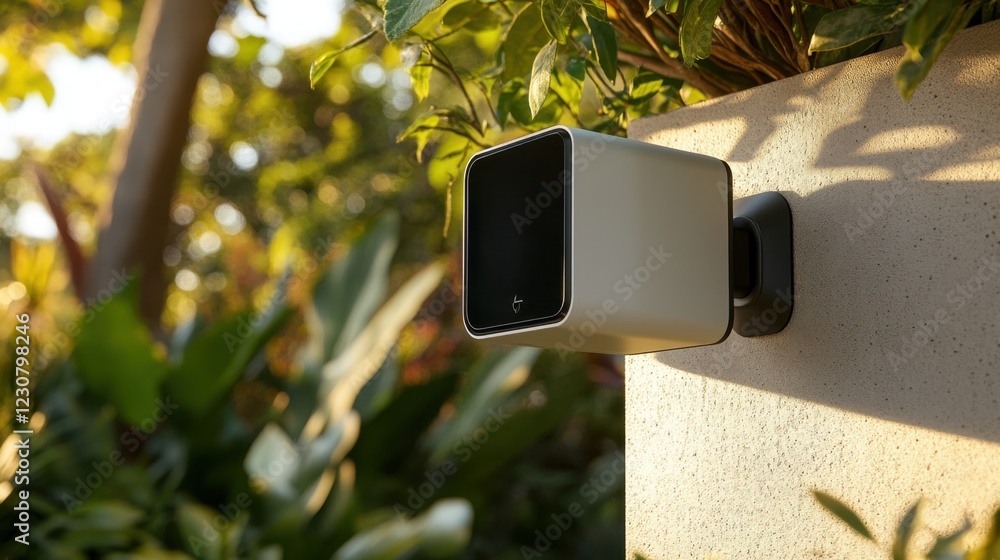 Poster a smart home security camera mounted on a wall, monitoring the surroundings with ai motion detection