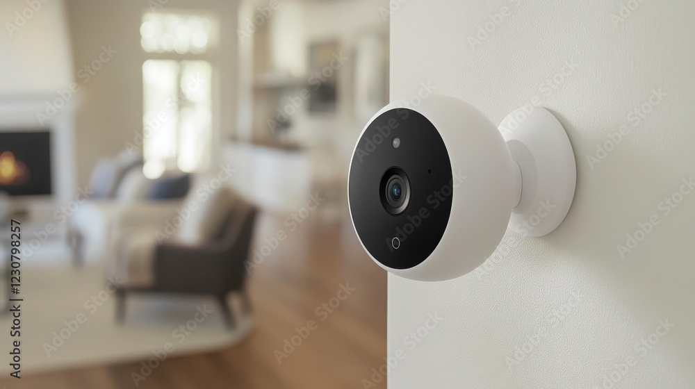 Poster a smart home security camera mounted on a wall, monitoring the surroundings with ai motion detection