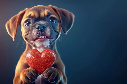Ad graphic design idea. Boxer - my desired dog. Cute boxer doggy with sparkling rhinestones red heart - sign of love, funny greeting card. Valentine's day puppy cuddles. Red heart dog moments.