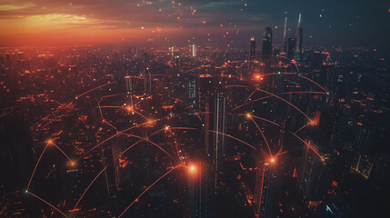 Fototapeta premium Abstract business man stands on Smart digital Innovation city with connection network reciprocity over the twilight cityscape. of future wireless digital city and social media networking systems