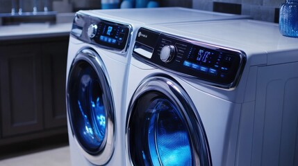 A smart Wi-Fi-enabled washing machine with eco-friendly settings, spinning clothes efficiently.