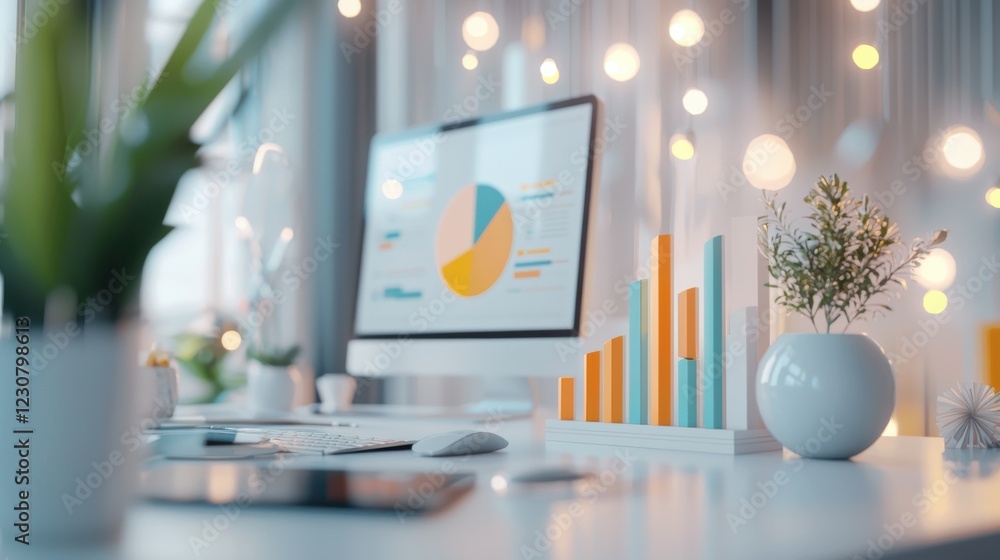 Poster sleek office desk with monitoring graphs and data analytics tools for effective business decisions