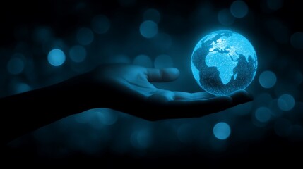 Glowing world in hand on dark bokeh background