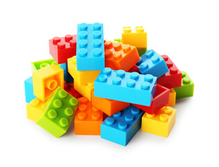 Construction toy. Pile of building bricks isolated on white