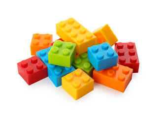 Construction toy. Pile of building bricks isolated on white