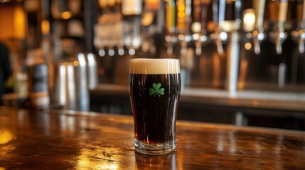 Dark Beer in a Pint Glass on a Wooden Bar