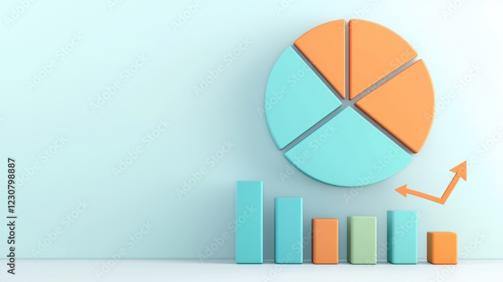 Poster colorful 3d geometric data visualization infographic with pie chart and bar graph on minimal backgro