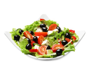 Delicious fresh Greek salad isolated on white