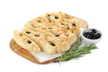 Slices of delicious focaccia bread with olives and rosemary isolated on white