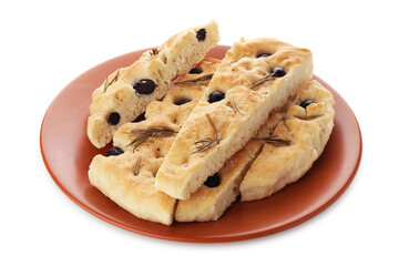 Slices of delicious focaccia bread with olives and rosemary isolated on white