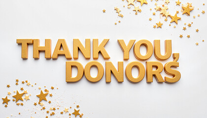 Elegant 3D text "Thank you, donors" in gold metallic on clean white background
