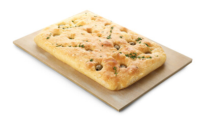 Delicious focaccia bread with olives and thyme isolated on white