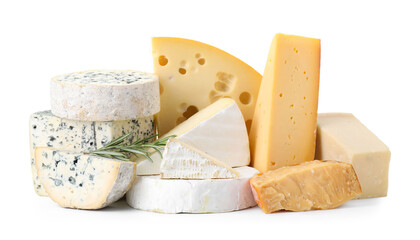 Different types of cheese and rosemary isolated on white