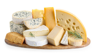 Different types of cheese and rosemary isolated on white