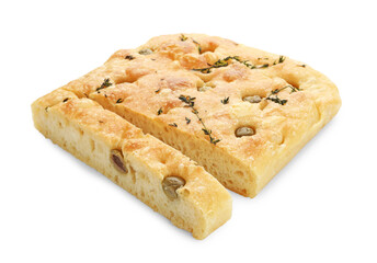 Pieces of delicious focaccia bread with olives and thyme isolated on white