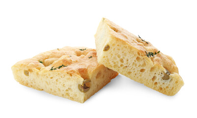 Pieces of delicious focaccia bread with olives and thyme isolated on white