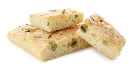Pieces of delicious focaccia bread with olives and thyme isolated on white