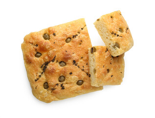 Pieces of delicious focaccia bread with olives and thyme isolated on white, top view