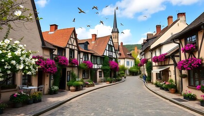 Obraz premium Charming European Village Street Scene With Flowers