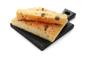 Pieces of delicious focaccia bread with olives and thyme isolated on white