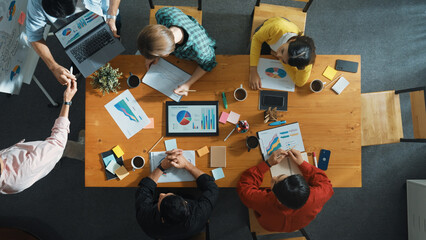 Top view of smart project manager invite businessman talking about marketing idea while investor...