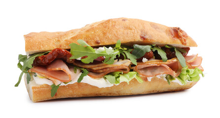 Baguette sandwich with ham and sun dried tomatoes isolated on white