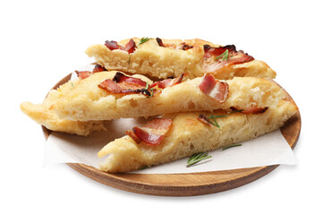 Slices of delicious focaccia bread with bacon and rosemary isolated on white