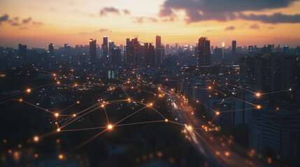 Fototapeta premium Abstract business man stands on Smart digital Innovation city with connection network reciprocity over the twilight cityscape. of future wireless digital city and social media networking systems