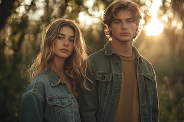 Fototapeta premium Young couple in denim jackets standing in a sunlit forest, a portrait of youthful love.