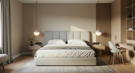 Minimalist bedroom with warm lights and wooden textures