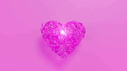A violet shuttered glass heart on a violet background with a light inside. Cracked glass as symbol of broken heart. Break up, divorce concept. 3d render illustration
