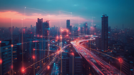 Abstract business man stands on Smart digital Innovation city with connection network reciprocity over the twilight cityscape. of future wireless digital city and social media networking systems