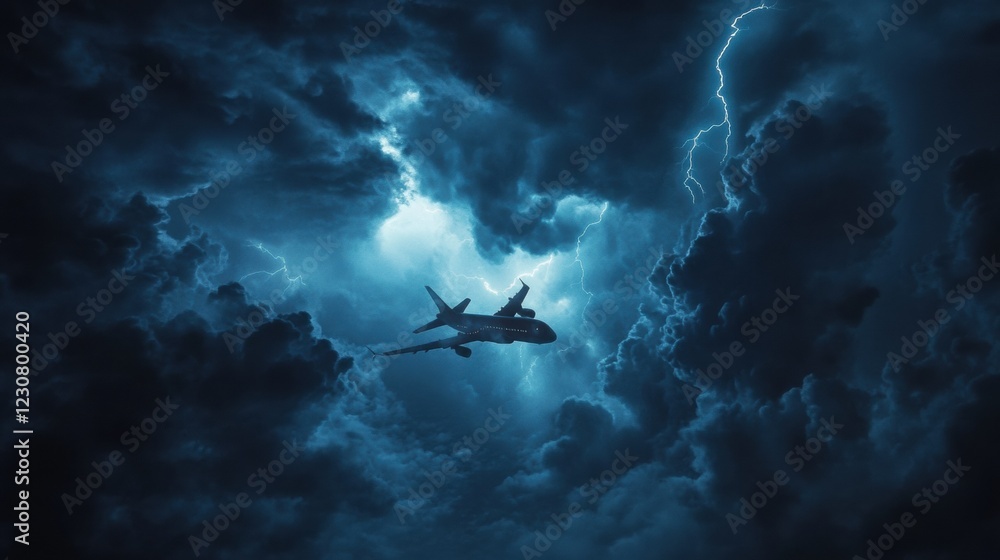 Poster airplane navigates turbulent stormy clouds with lightning illuminating the sky during nighttime flig