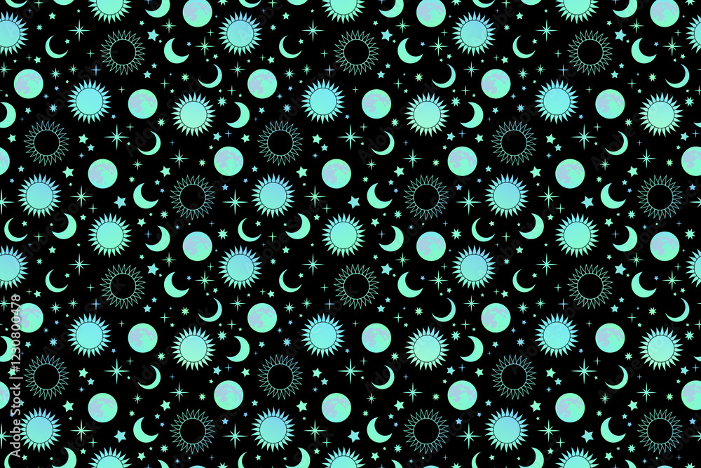 Wall mural mystical esoteric pattern with sun moon and stars