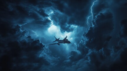 Airplane navigates turbulent stormy clouds with lightning illuminating the sky during nighttime flight. Generative AI