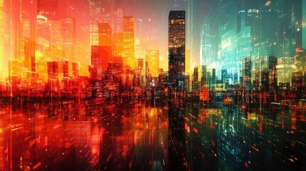 Obraz premium Futuristic City Skyline at Night with Red Orange and Blue Lights